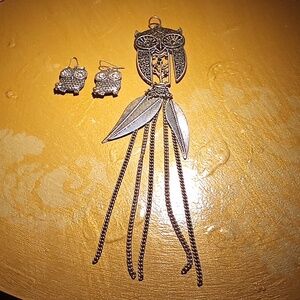 Silver Toned Owl Earrings & Pendant